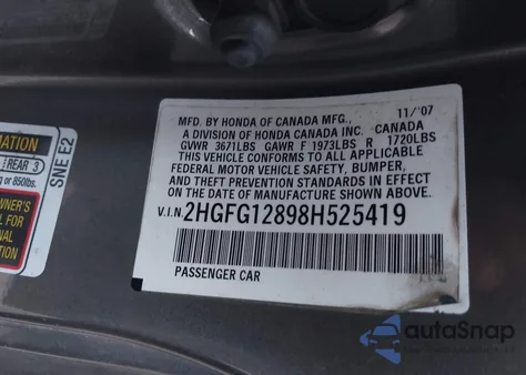 2008 Honda Civic Ex z USA, uszkodzony, nr VIN 2HGFG12898H525419